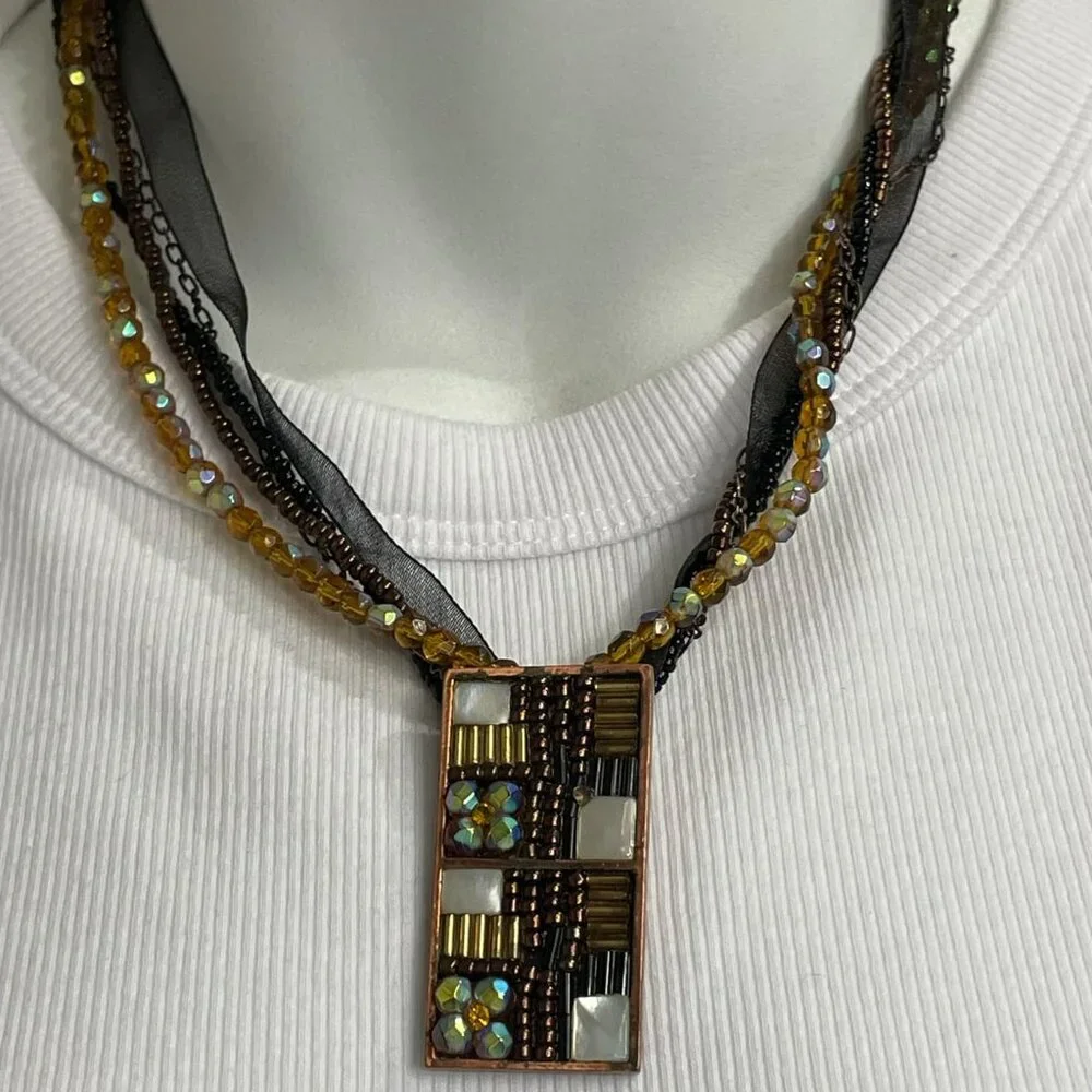 Artisan Designed Mosaic Style Beaded Pendant Necklace - Picture 2 of 4
